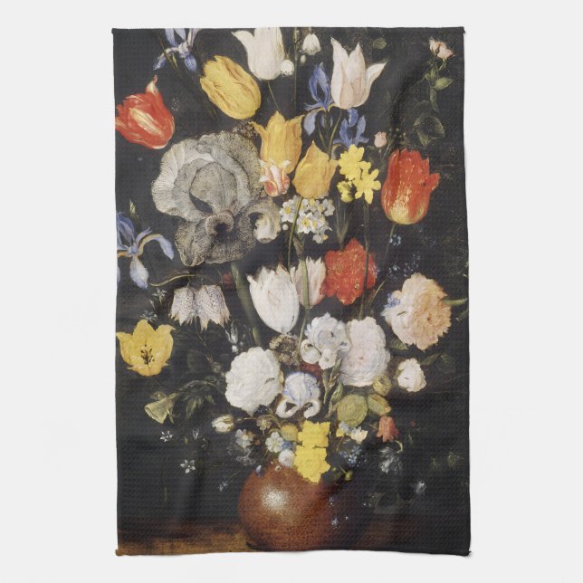 Bouquet of Flowers in an Earthenware Vase  Tea Towel (Vertical)