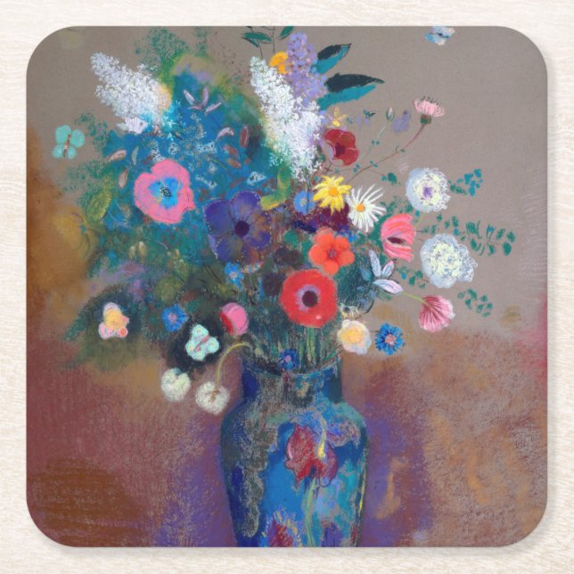 Bouquet of Flowers, Redon Square Paper Coaster (Front)