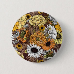 Bouquet of flowers- roses, peonies, daisies ans fe 6 cm round badge