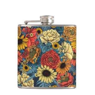 Bouquet of flowers- roses, peonies, daisies ans fe hip flask