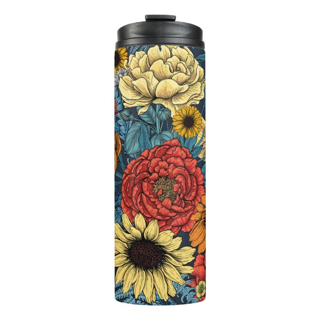 Bouquet of flowers- roses, peonies, daisies ans fe thermal tumbler (Front)