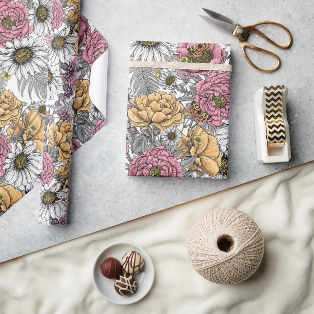 Bouquet of flowers- roses, peonies, daisies ans fe wrapping paper (Crafts)