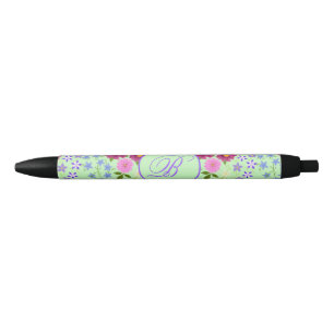 Bouquet of Flowers Turquoise Monogram Black Ink Pen