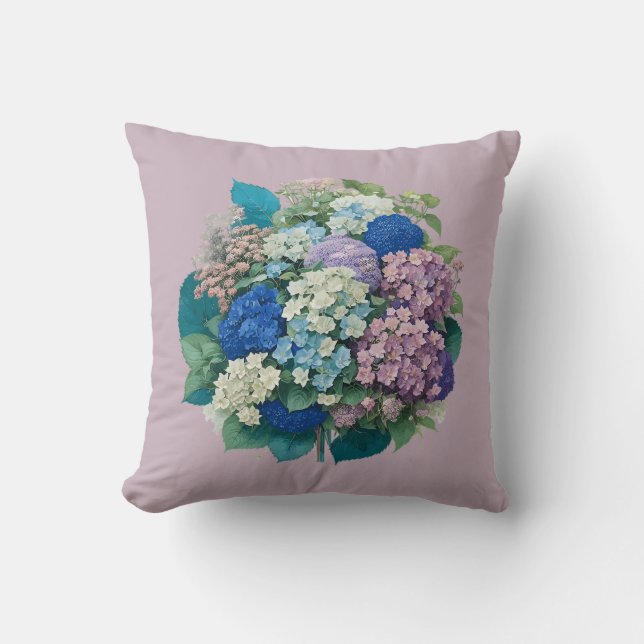 Bouquet of Hydrangeas Pink Blue Throw Pillow (Front)