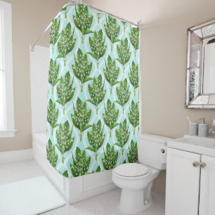 Bouquet of lilly of the valley flowers on blue shower curtain