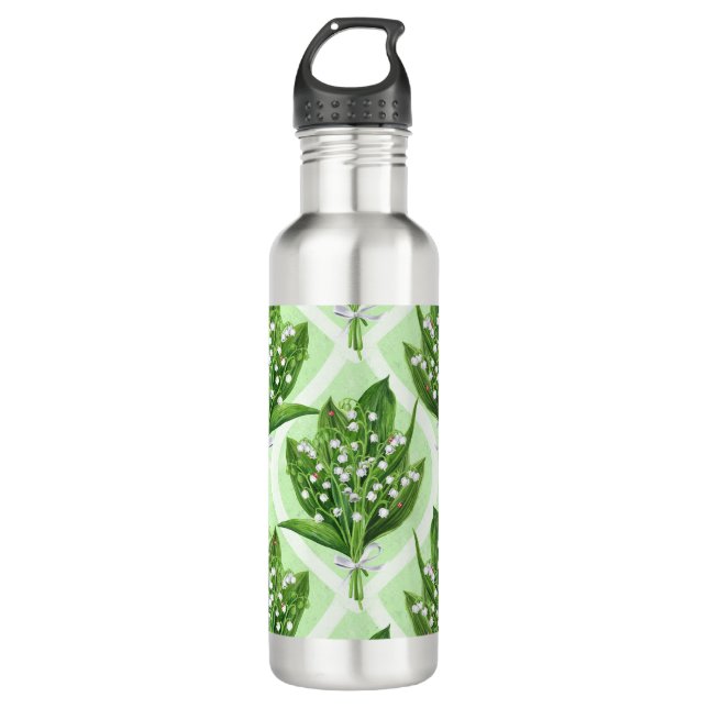 Bouquet of lilly of the valley flowers on green 710 ml water bottle (Front)
