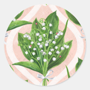 Bouquet of lilly of the valley flowers on green classic round sticker