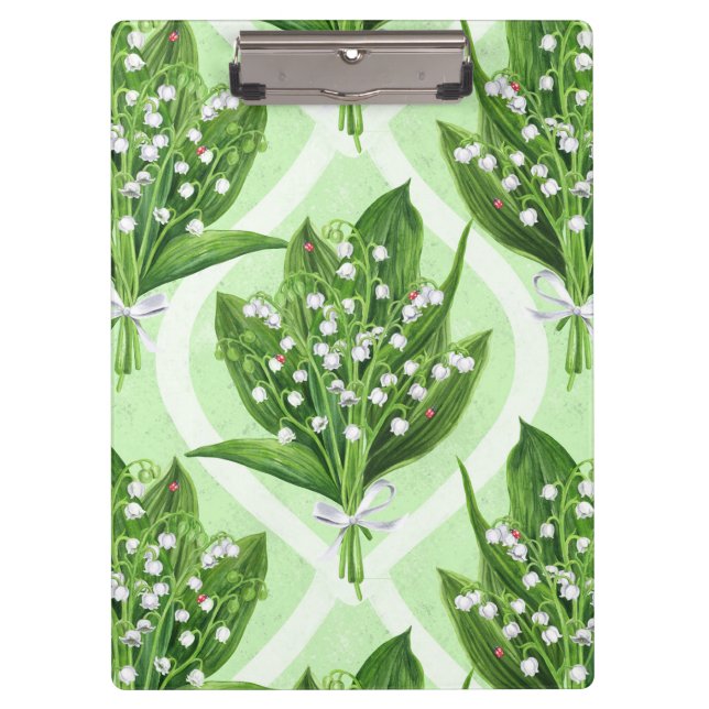 Bouquet of lilly of the valley flowers on green clipboard (Front)