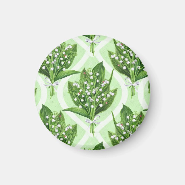 Bouquet of lilly of the valley flowers on green magnet (Front)