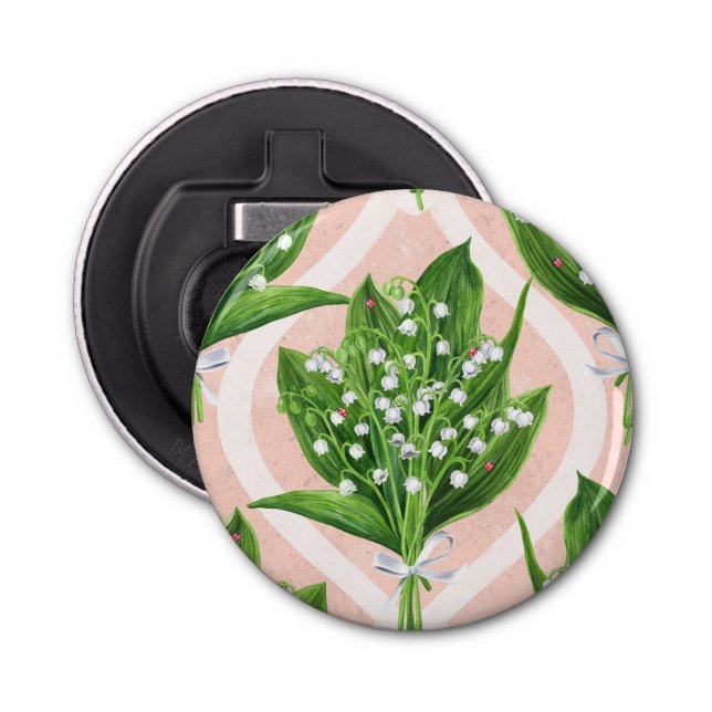 Bouquet of lilly of the valley flowers on pink bottle opener (Front)