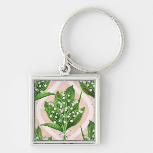 Bouquet of lilly of the valley flowers on pink key ring (Front)