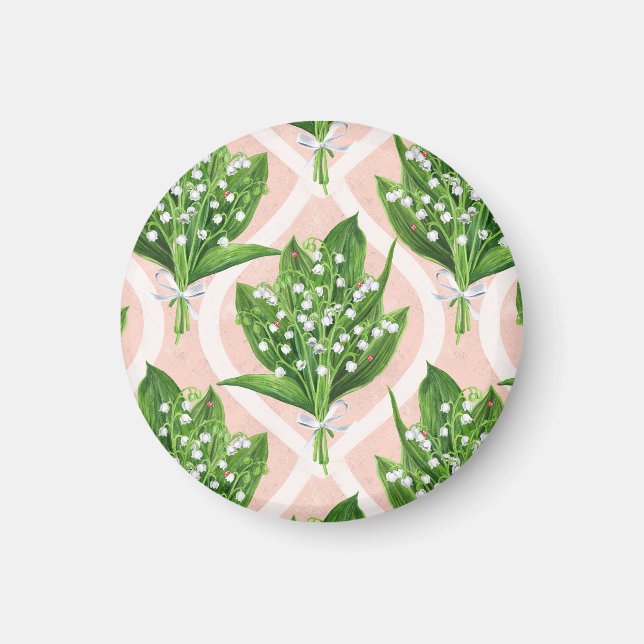 Bouquet of lilly of the valley flowers on pink magnet (Front)