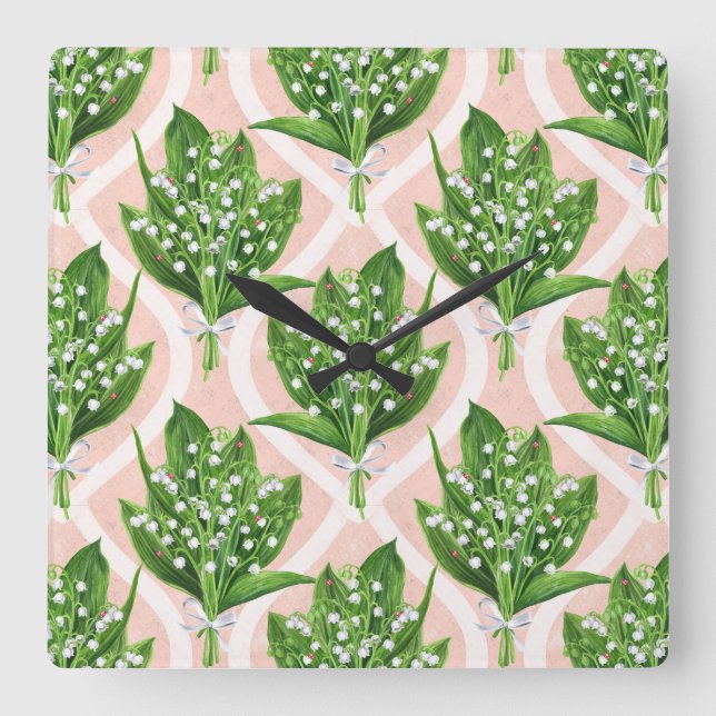 Bouquet of lilly of the valley flowers on pink square wall clock (Front)