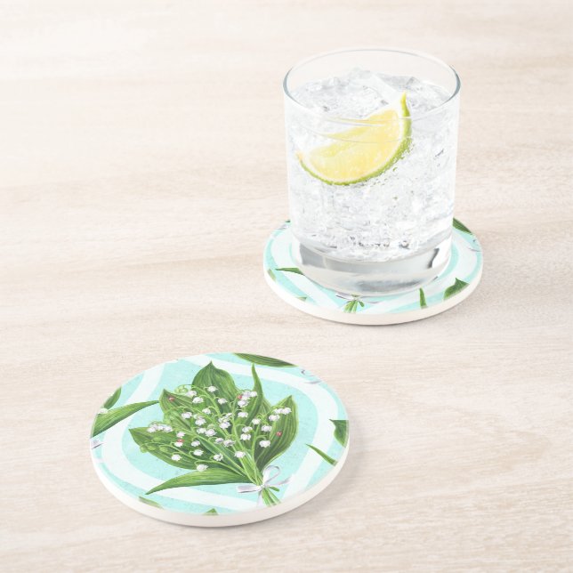 Bouquet of lily of the valley flowers on blue coaster (Side)