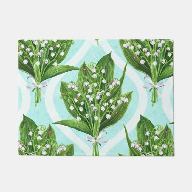 Bouquet of lily of the valley flowers on blue doormat (Front)
