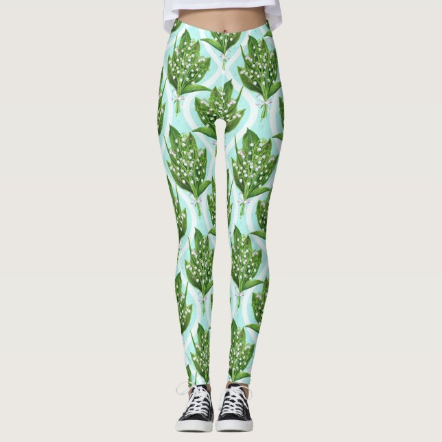 Bouquet of lily of the valley flowers on blue leggings (Front)