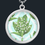 Bouquet of lily of the valley flowers on blue silver plated necklace<br><div class="desc">Bouquet of painted with watercolors lily of the valley flowers seamless pattern design</div>