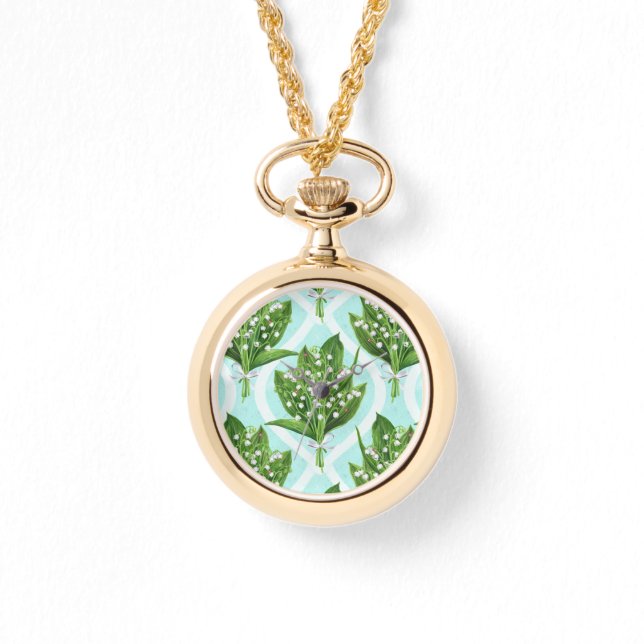Bouquet of lily of the valley flowers on blue watch (Front)