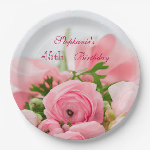 Bouquet Of Pink Roses 45th Birthday Paper Plate