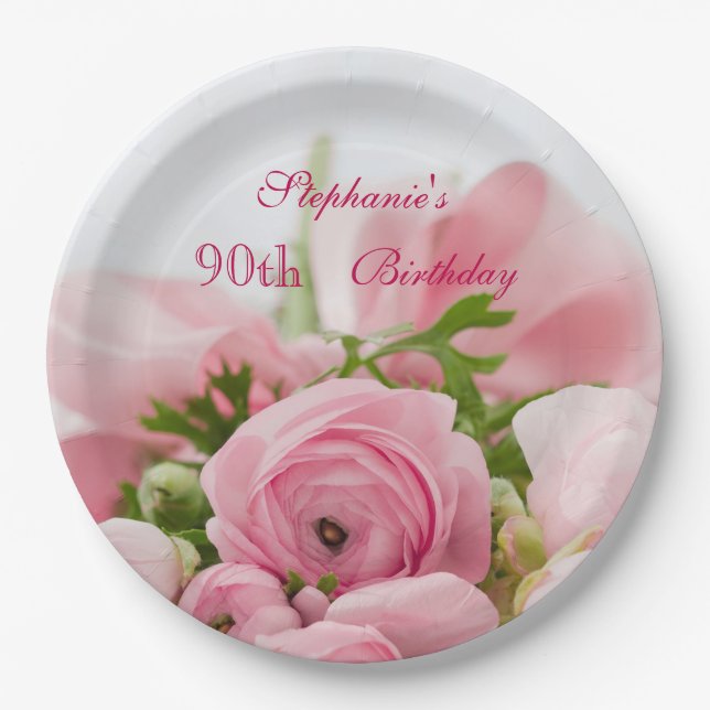 Bouquet Of Pink Roses 90th Birthday Paper Plate (Front)