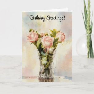 Bouquet of Pink Roses in a Vase Birthday Card
