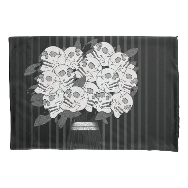 Bouquet of Skull Roses Black & White Pillowcase (Front)