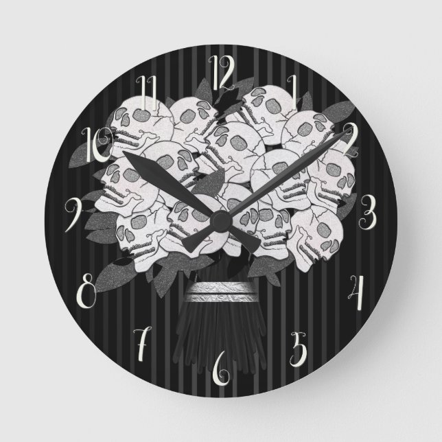 Bouquet of Skull Roses Black & White Round Clock (Front)