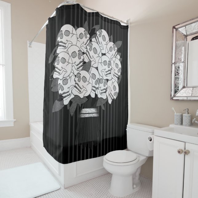 Bouquet of Skull Roses Black & White Shower Curtain (In Situ)
