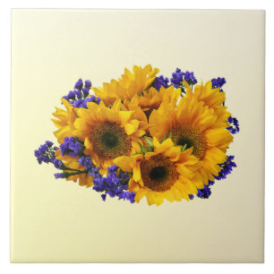 Bouquet of Sunflowers and Purple Statice Ceramic Tile
