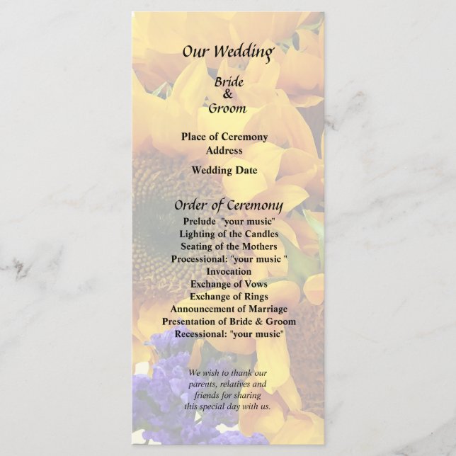 Bouquet of Sunflowers and Purple Statice Program (Front)