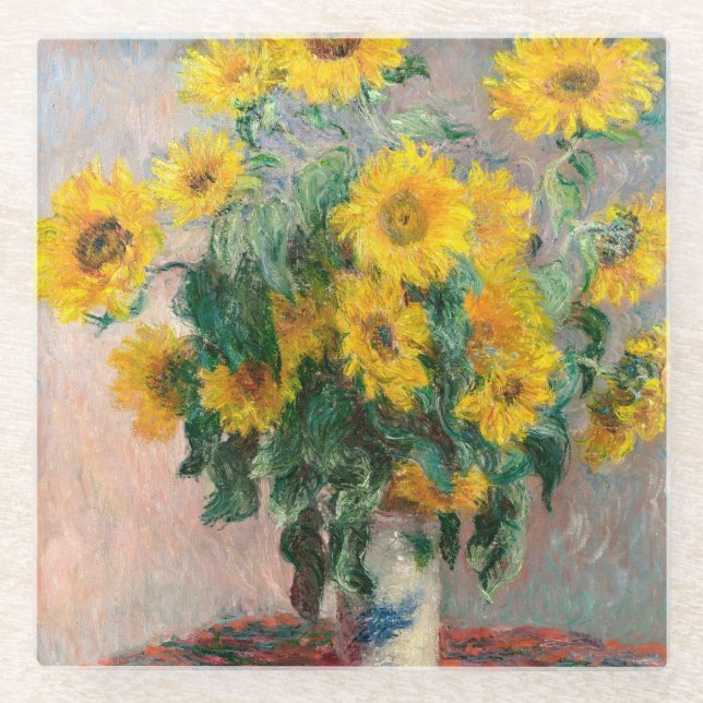 Bouquet of Sunflowers by Monet Impressionist Glass Coaster (Front)