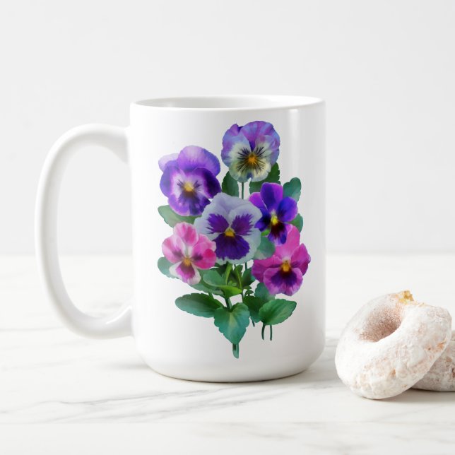 Bouquet of Violets Pansy Flower Coffee Mug (With Donut)