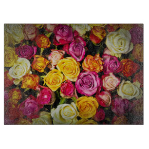 Bouquet Of White Pink Yellow Roses Flowers Cutting Board