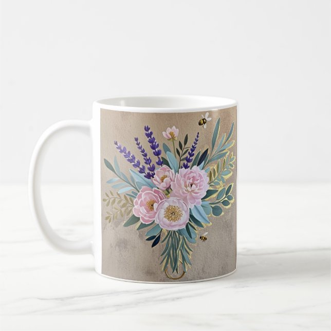 Bouquet peonies lavender flowers Rustic Coffee Mug (Left)