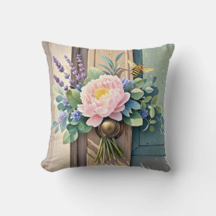 Bouquet peonies lavender flowers Rustic Cushion