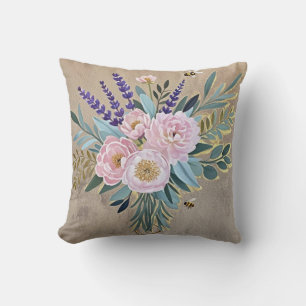 Bouquet peonies lavender flowers Rustic Cushion