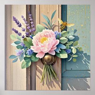 Bouquet peonies lavender flowers Rustic Poster