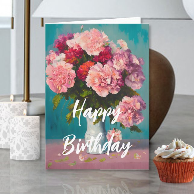 Bouquet Pink Spring Carnations in Vase Birthday Card (Creator Uploaded)
