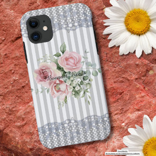 Bouquet roses Elegant dusty blue stripes lace cute iPhone 11 Case