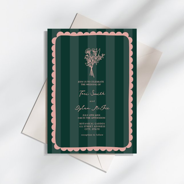 Bouquet Scalloped Emerald Stripe Pink Wedding Invitation (Creator Uploaded)