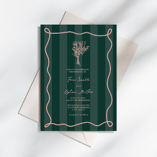 Bouquet Swirl Green Stripe Pink Wedding Invitation
