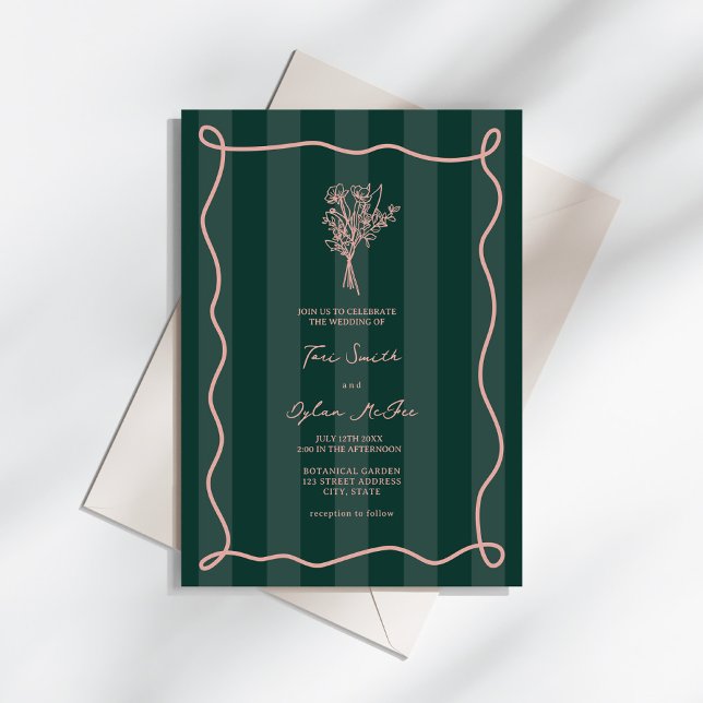 Bouquet Swirl Green Stripe Pink Wedding Invitation (Creator Uploaded)