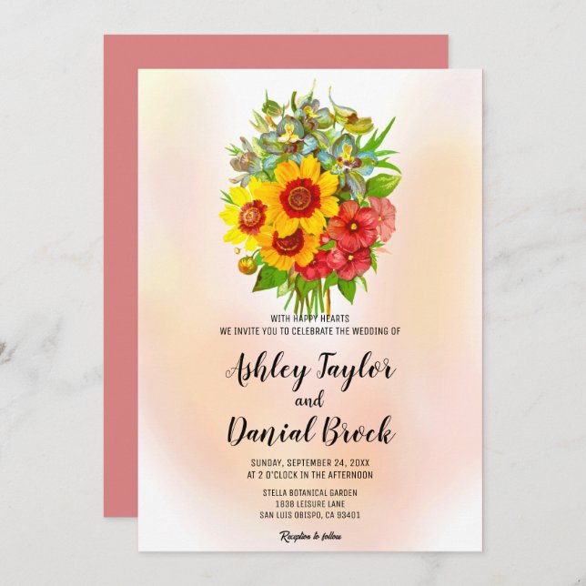 Bouquet watercolor blush pink sunflower Wedding In Invitation (Front/Back)