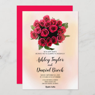 Bouquet watercolor blush red roses floral wedding  invitation