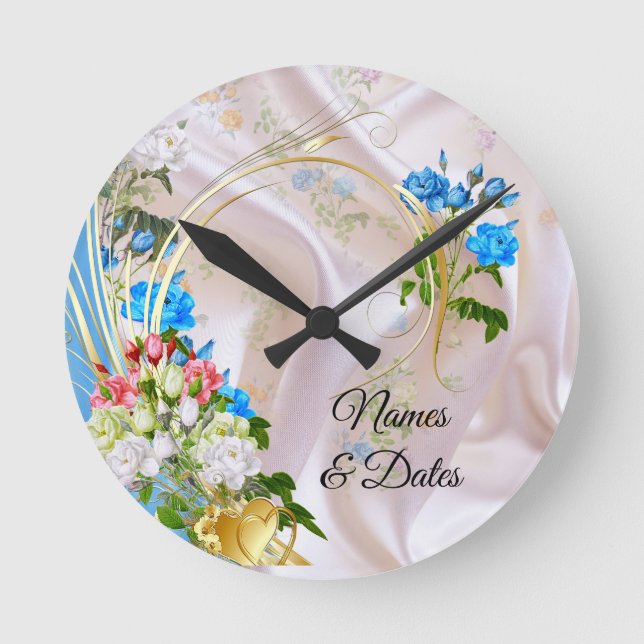 Bouquets of Multi-colour Roses  on Silk textures Round Clock (Front)
