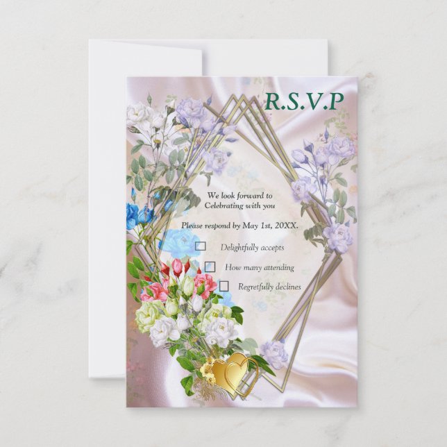 Bouquets of Multi-colour Roses  on Silk textures RSVP Card (Front)