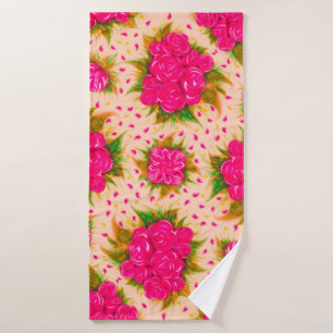 Bouquets of purple roses on a pale pink background bath towel