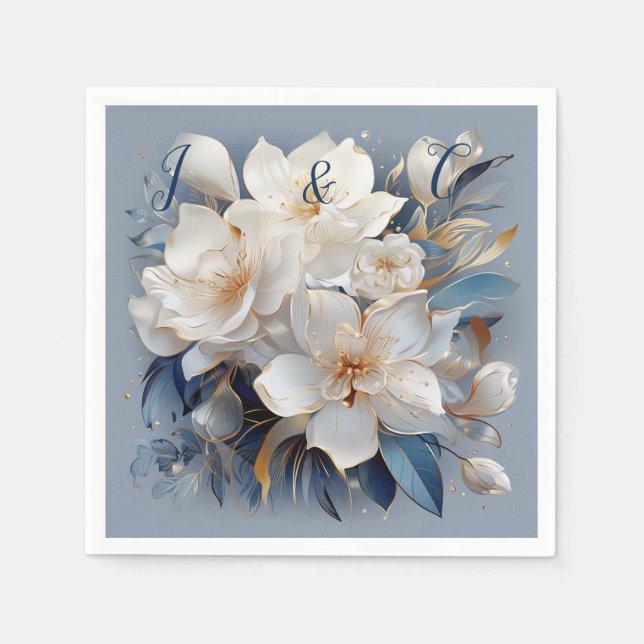 Bouquets of Silky Blue-White and Gold Edges Napkin (Front)