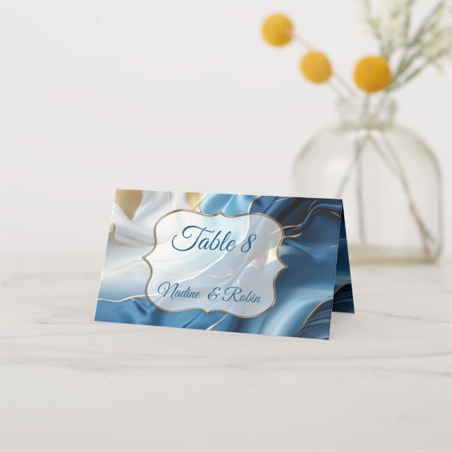 Bouquets of Silky Blue-White and Gold Edges Place Card (Front)