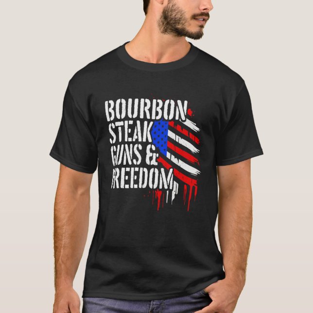 Bourbon Steak & Freedom USA Flag Funny Whiskey Lov T-Shirt (Front)